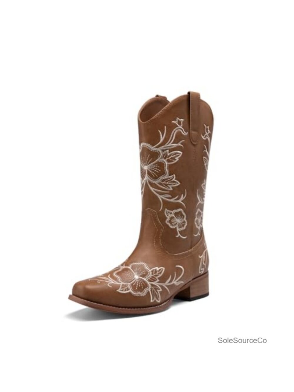Women's Mid-Calf Cowboy Boots Faux Leather Embroidered Square Toe Low Heel